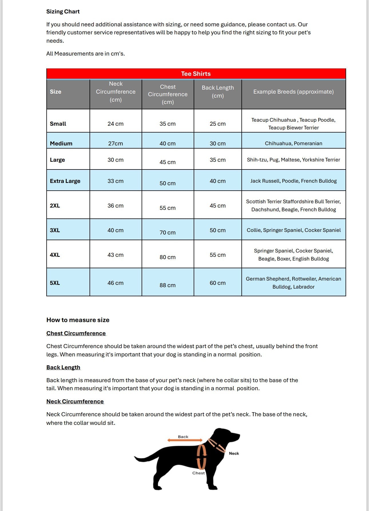 Doggy tee-shirt sizing chart