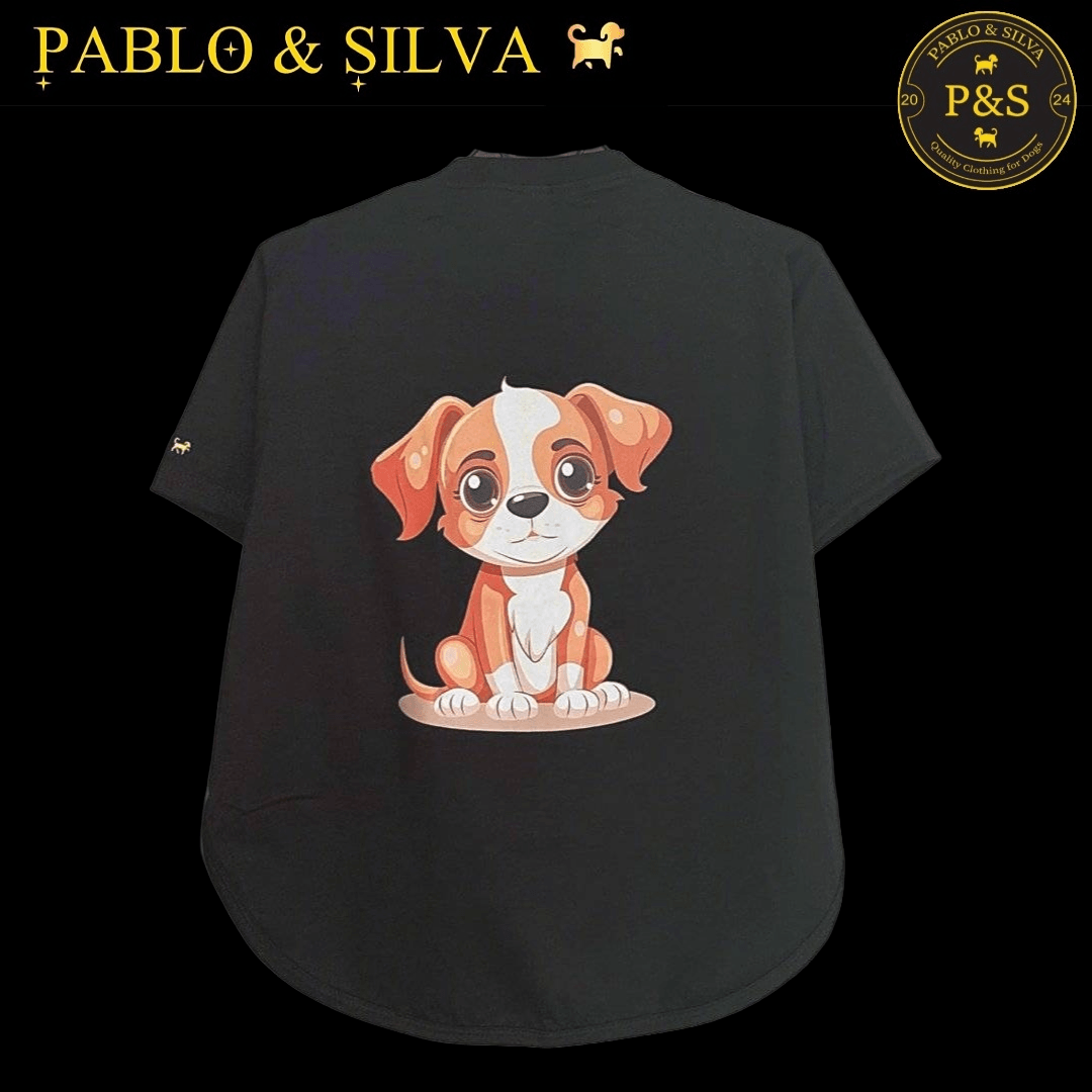 Black t-shirt with a cartoon dog design (doggy 1) on the back, featuring the brand 'Pablo & Silva'.