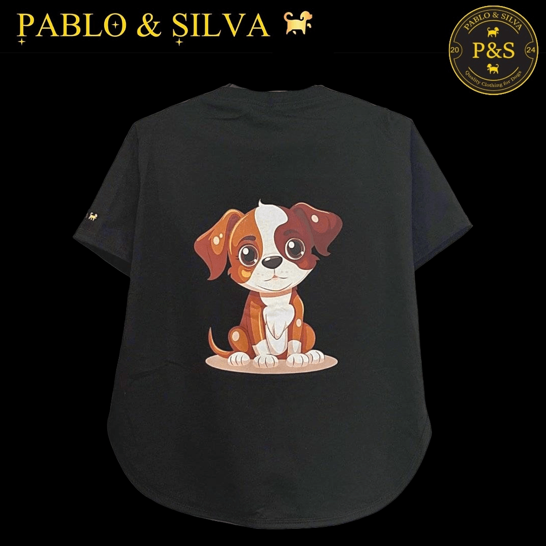 Black of t-shirt with a cartoon dog design (doggy 2) on a black background, featuring the brand 'Pablo & Silva'.