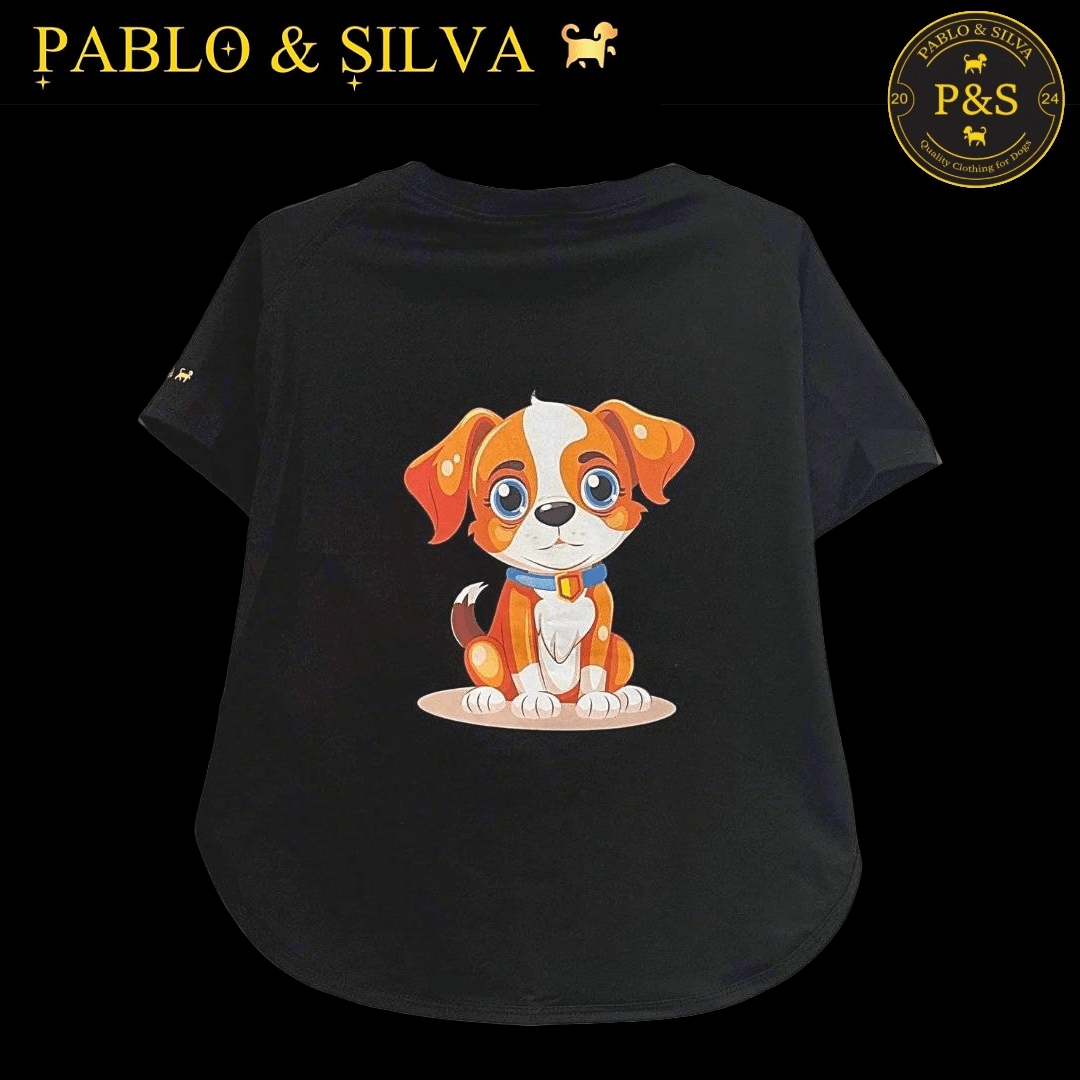 Black t-shirt with a cartoon dog design (doggy 3) and 'Pablo & Silva' branding on a black background