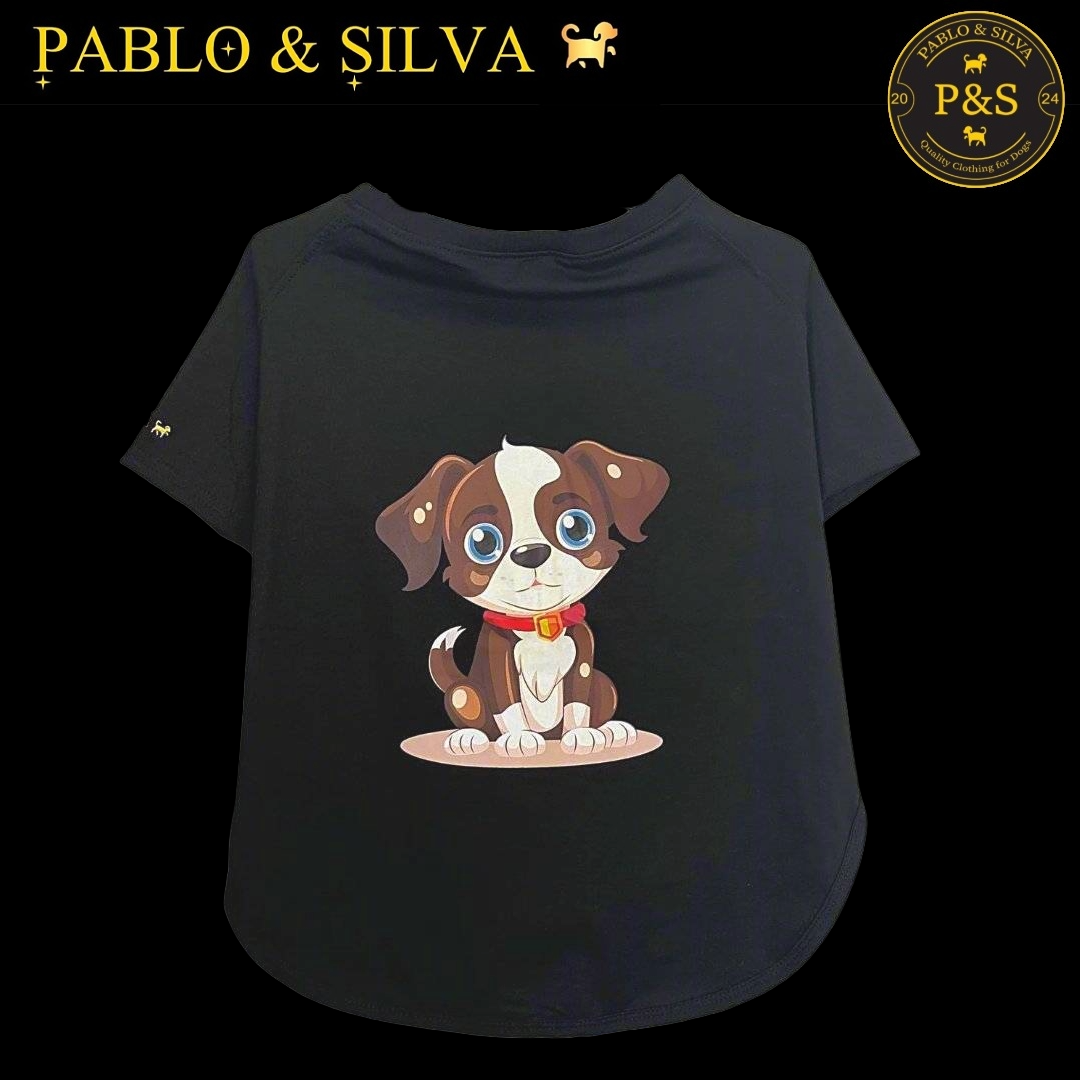 Black t-shirt with a cartoon dog design (doggy 4) on a black background, featuring the brand 'Pablo & Silva'.