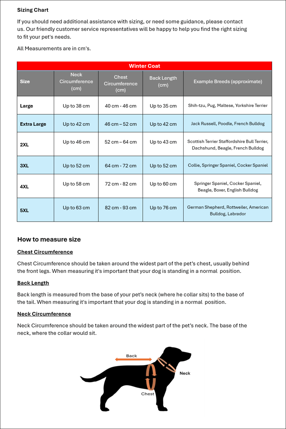 waterproof winter jacket - sizing chart