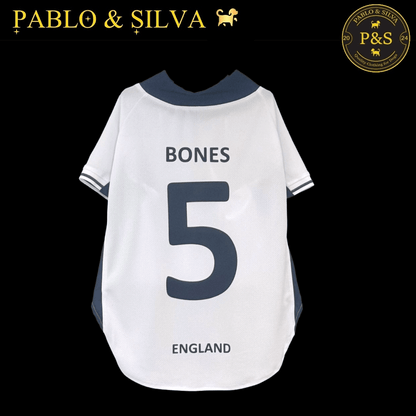 White England shirt with 'Bones' and number '5', branded 'Pablo & Silva'