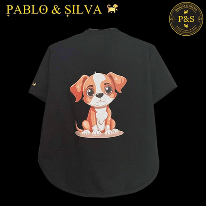 Black t-shirt with a cartoon dog design (doggy 1) on the back, featuring the brand 'Pablo & Silva'.