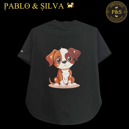 Black of t-shirt with a cartoon dog design (doggy 2) on a black background, featuring the brand 'Pablo & Silva'.
