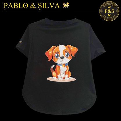 Black t-shirt with a cartoon dog design (doggy 3) and 'Pablo & Silva' branding on a black background