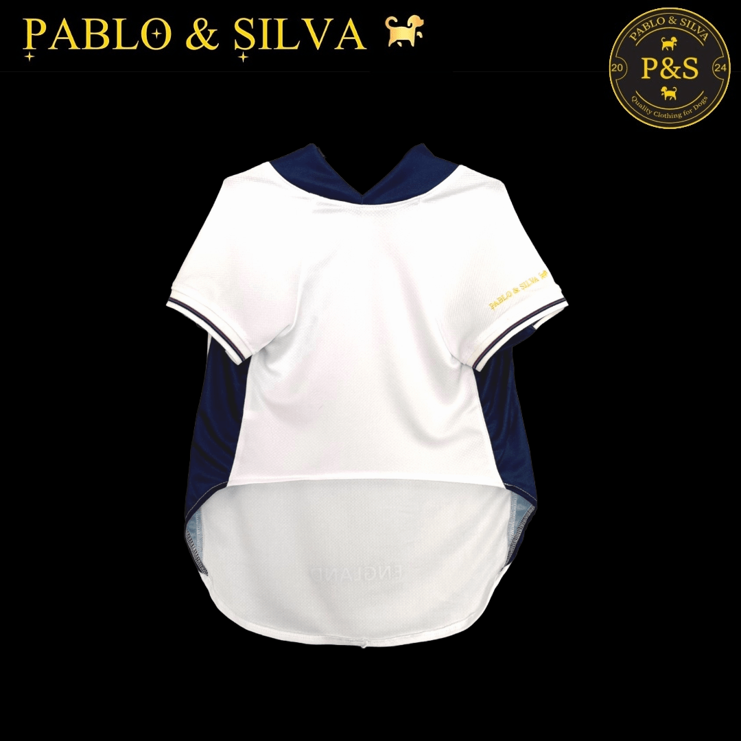 Front of the white England shirt with 'Pablo & Silva' branding on a black background