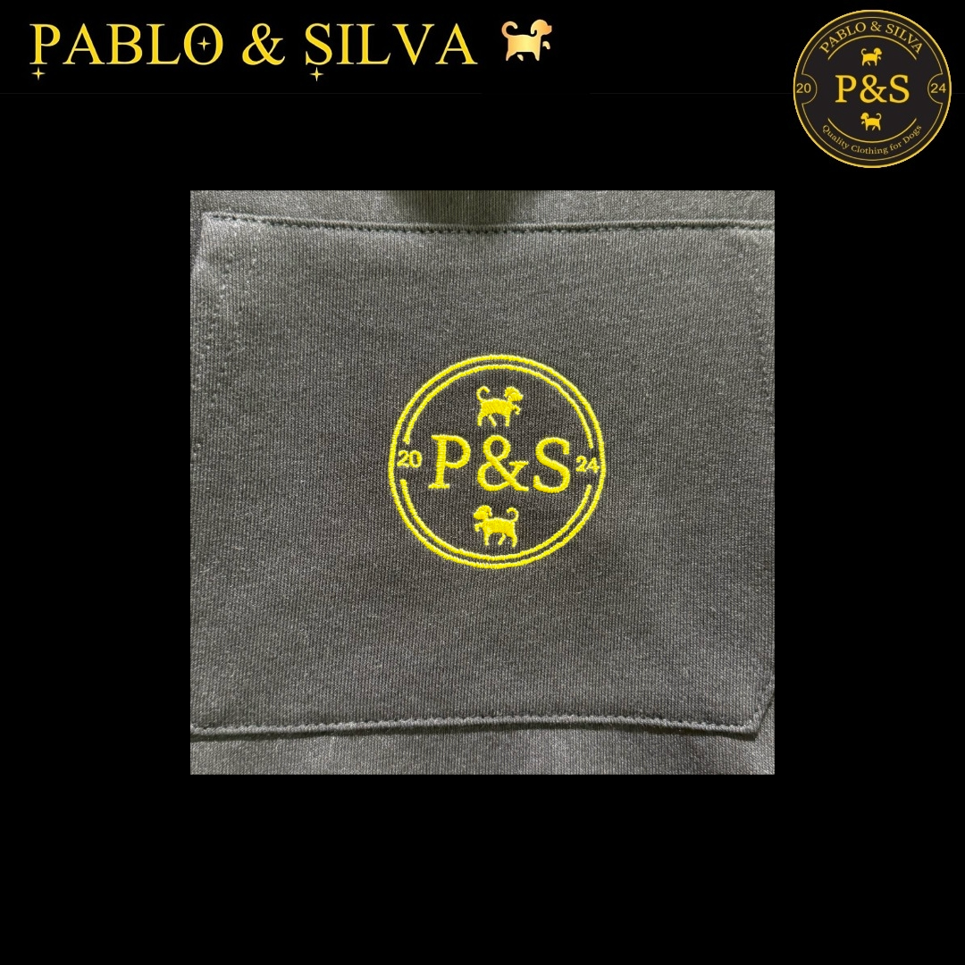 Back of the hoodie with gold embroidered Pablo & Silva logo and text on a black background