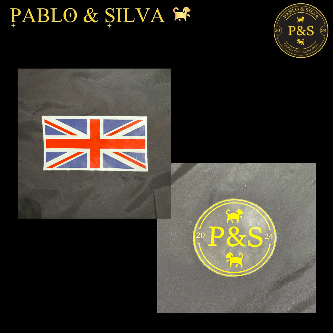 Close up of the union jack flag and the Pablo & Silva logo that adorn the waterproof winter jacket