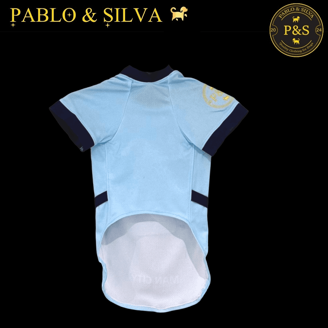Light blue Man City shirt with dark blue accents on a black background, featuring the brand 'Pablo & Silva'.