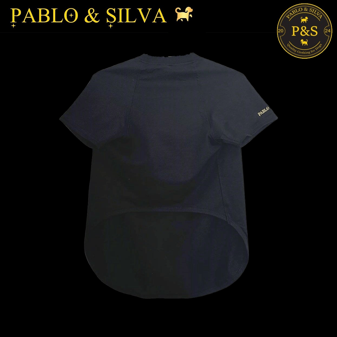 front of the Pablo & Silva branded doggy tee shirt