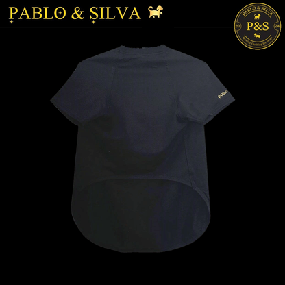 front of the Pablo & Silva branded doggy tee shirt